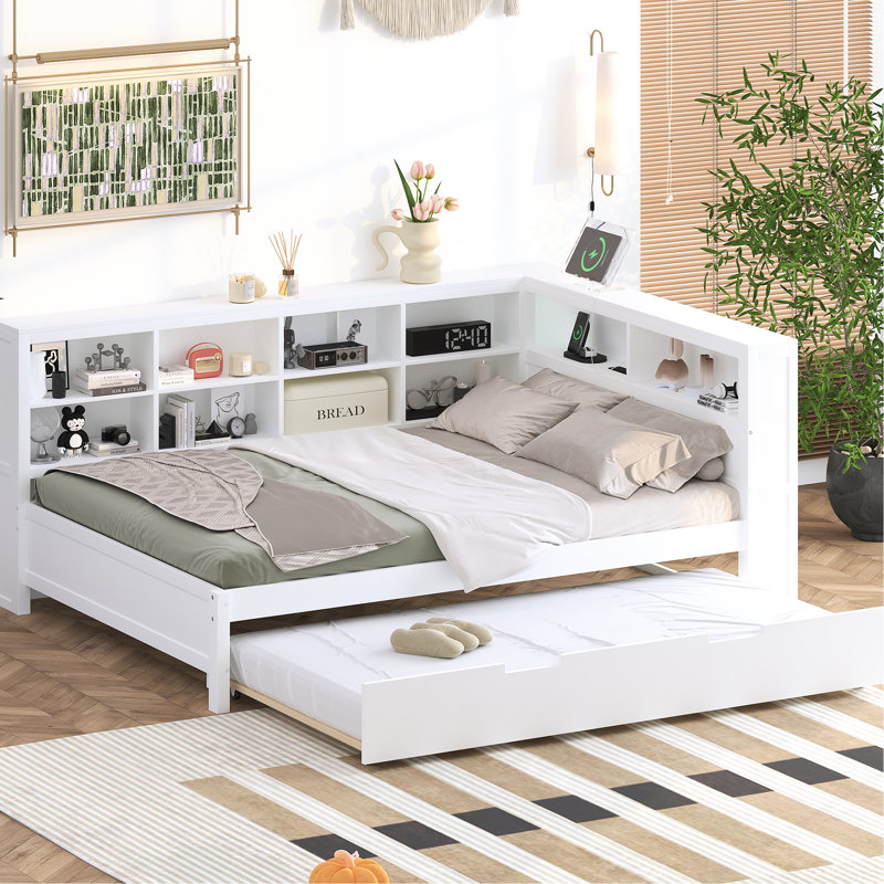 Lit de jour blanc avec lit double et lit gigogne, station de charge, tablette de rangement, capacité de charge en pin de haute qualité pour chambre à coucher, capacité