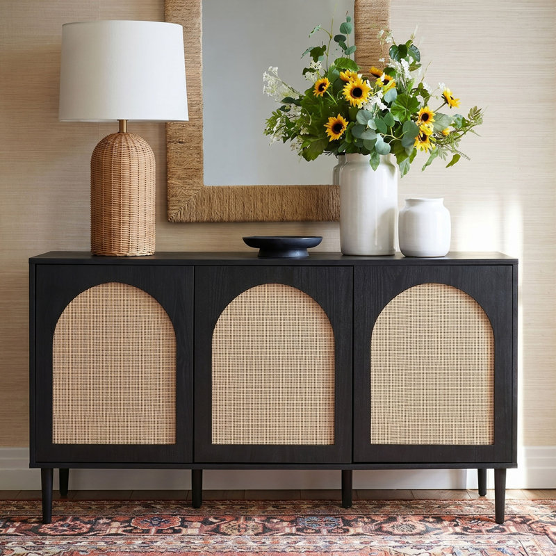 Buffet avec portes réglables en rotin l 56 po Castyn, Noir