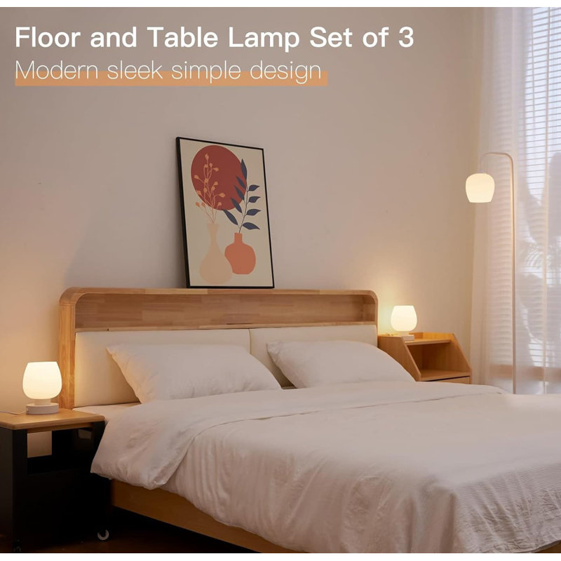 White Opal Glass Touch Lamp Set with Floor and Table Lamps