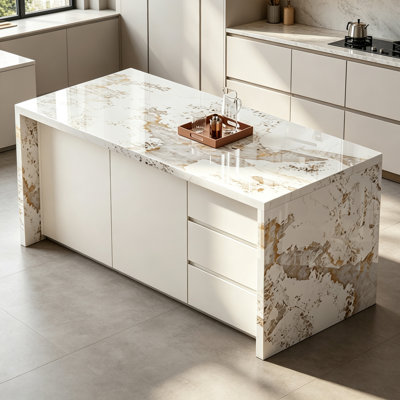 Fully Assembled Kitchen Island with Marble Top, Freestanding Kitchen Workstation, Large Kitchen Counter, Dining Table
