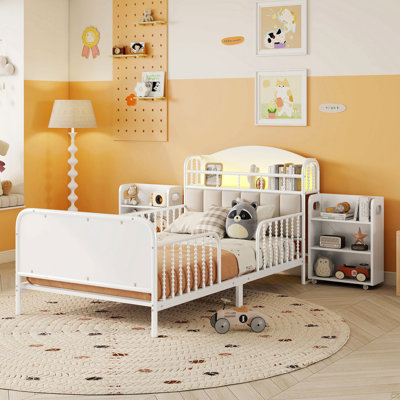 Twin Size Metal Platform Bed Frame With Light, Kids Twin Metal Bed With Upholstered And Pull Out Storage Shelves