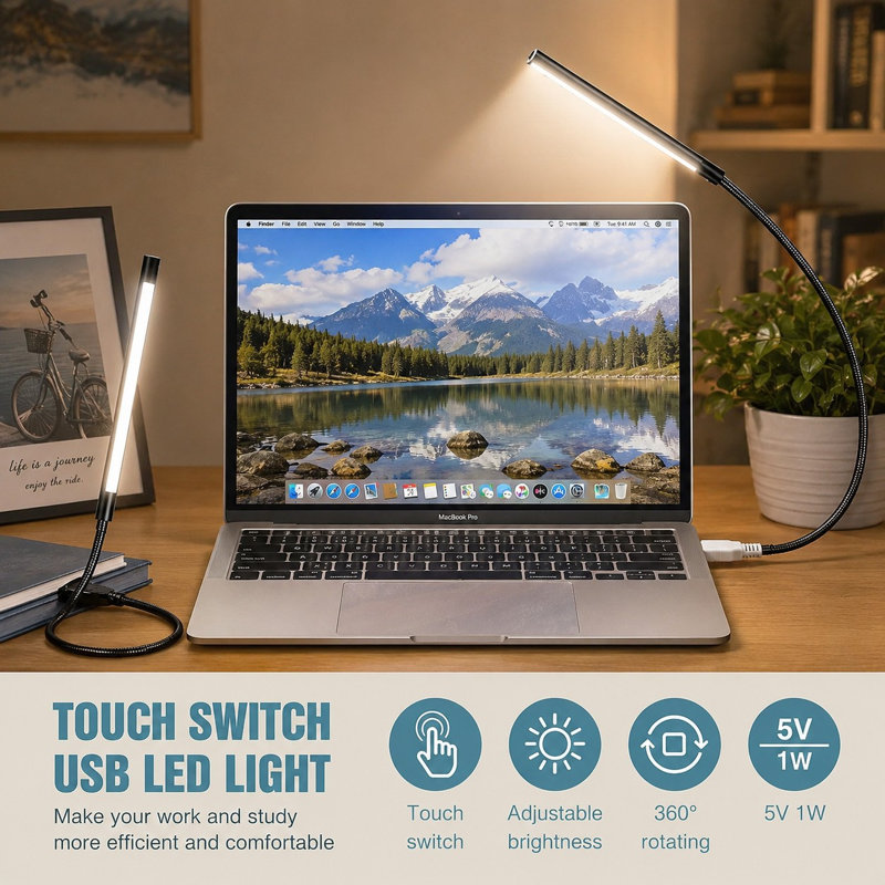 Lot de 2 lampes DEL portatives alimentées par USB pour claviers d'ordinateurs portables et ordinateurs, en noir et bleu, avec bras flexibles, variateur tactile, position ajustable et idéales pour la frappe nocturne.