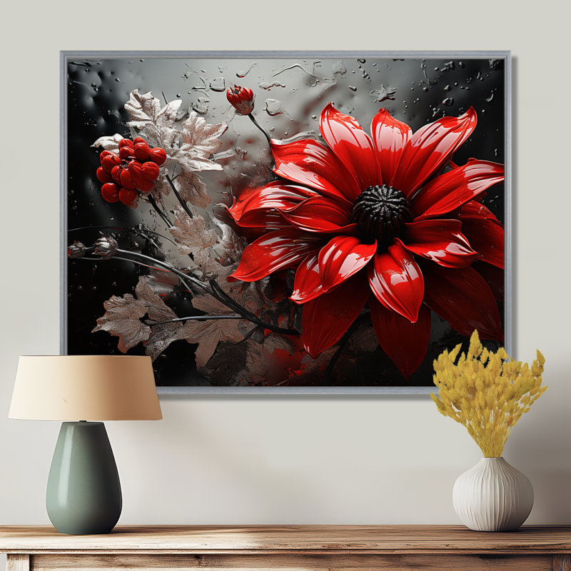 «Red Grey Botanical Symphony II», art mural botanique abstrait, H 30 po x l 40 po x P 1,5 po, Encadrement argenté