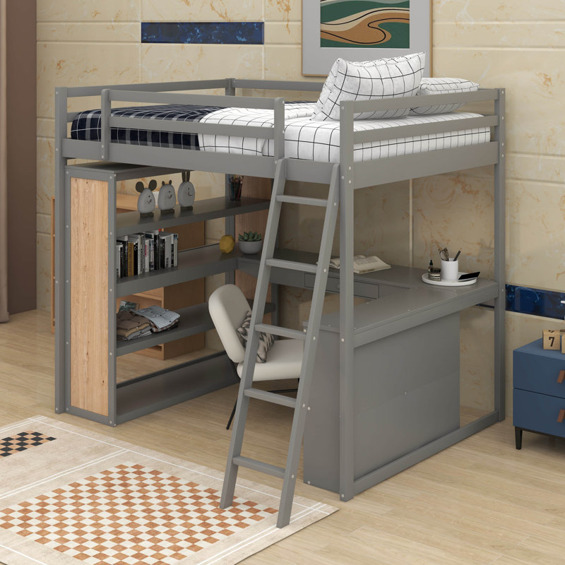 Lit mezzanine double avec tablettes et bureau, Gris