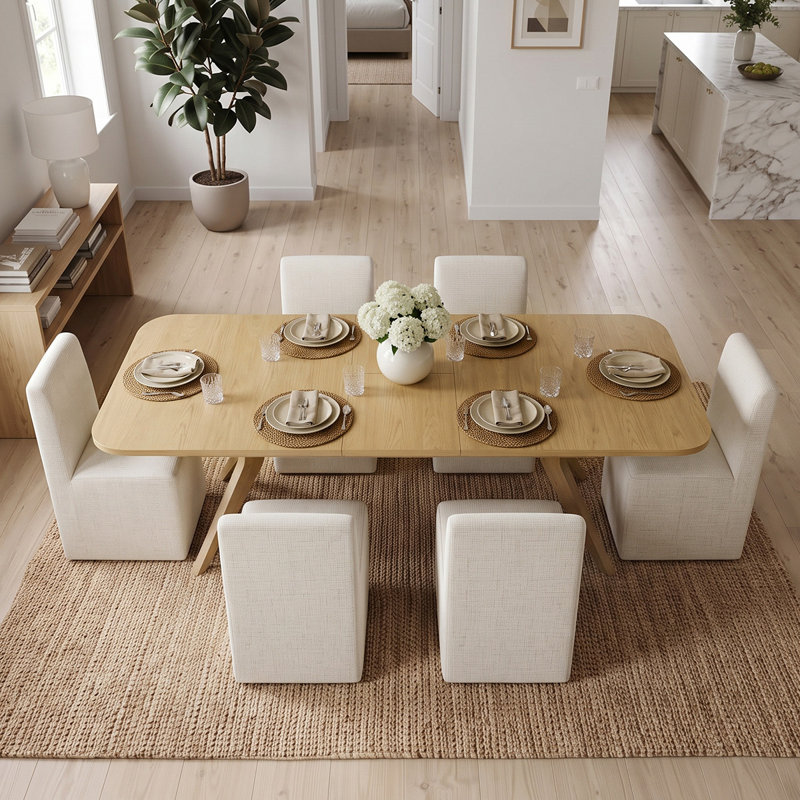 Ensemble de salle à manger extensible 7 pièces en placage de bois avec chaises à roulettes rembourrées