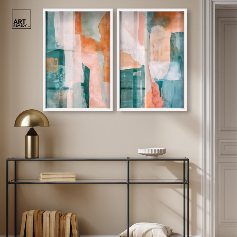 «Citrus Wave Duet Shadowbox», ensemble d'art mural abstrait par Art Remedy, cadre noir, 10 x 15, H 31 po x l 21 po