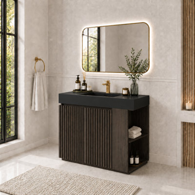 Meuble-lavabo autoportant de 91 cm (36 po) avec lavabo monobloc en surface solide, grand meuble de rangement, fermeture amortie et design moderne.