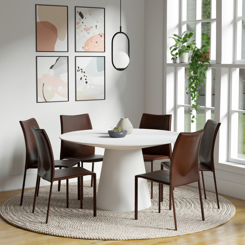 Adara 53" Dining Table In White With 6 Sokol Stacking Chairs In Brown, White , Dark Caramel