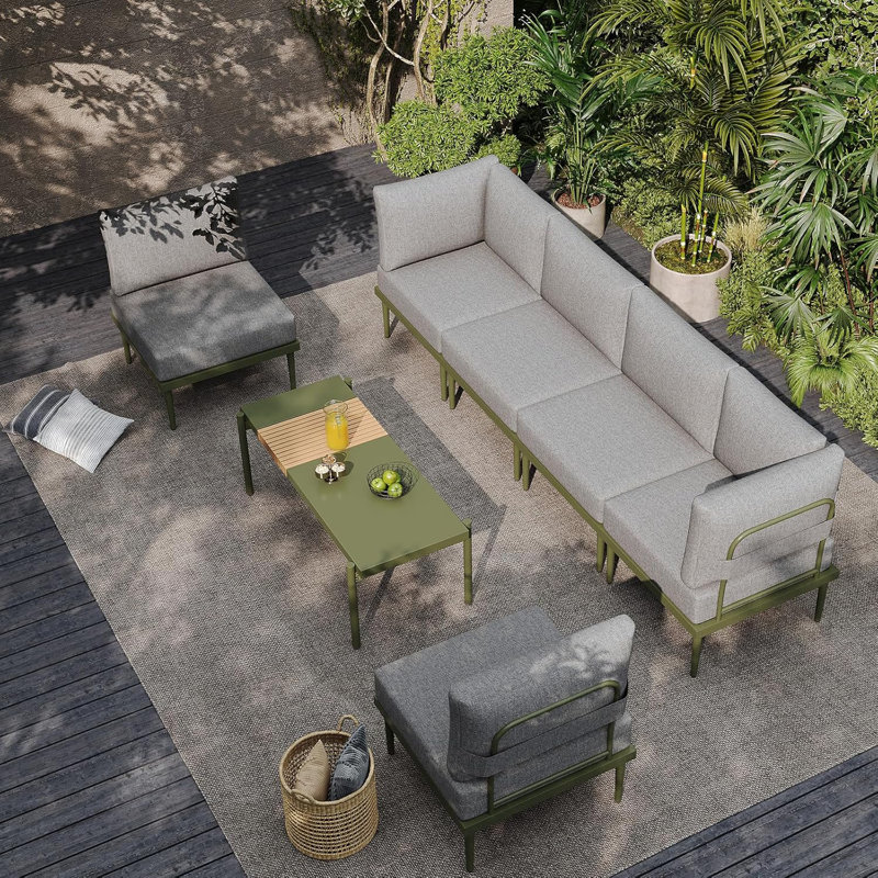 7 Pieces Outdoor Sectional Seating Group With 6 Inch Olefin Cushions, Patio Conversation Sets, Green