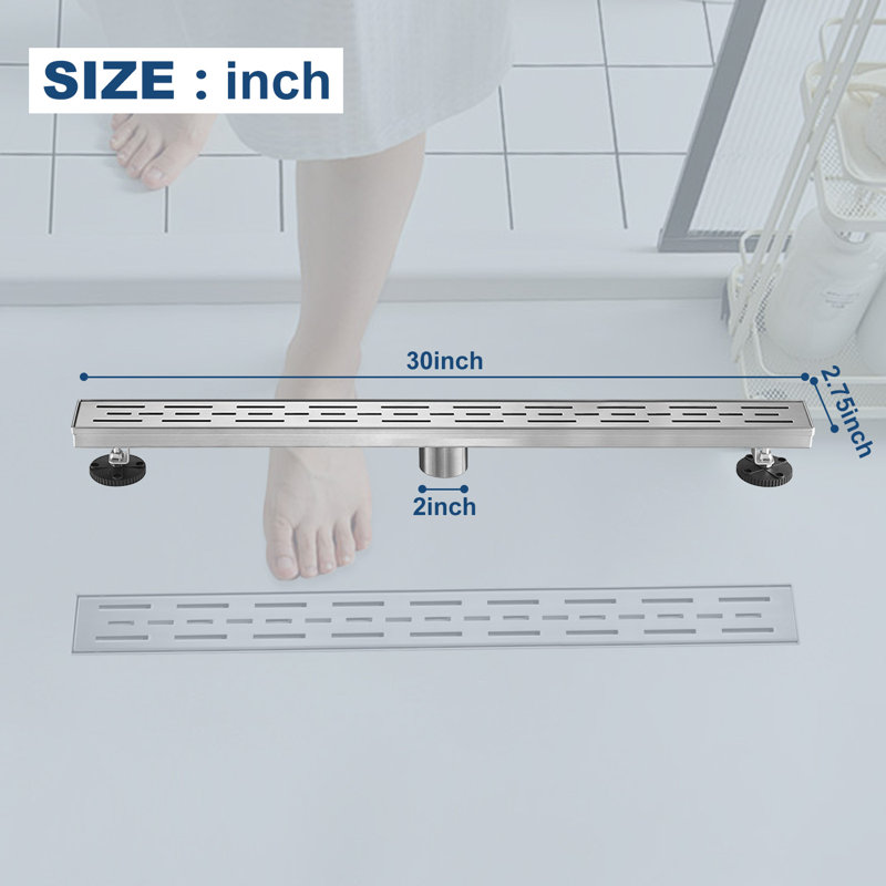30 Inches Linear Shower Drain With Removable Bar Pattern Grate,Linear Drain With Hair Strainer And Leveling Feet,Stainless Steel,Brushed Nickel
