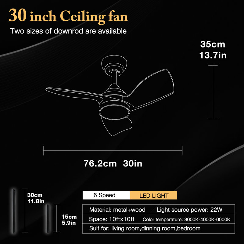 30 Inch Indoor Ceiling Fans with Lights and Remote Control, DC Slient Motor, Dimmable, Reversible, Timmer, 3 CCT, Black