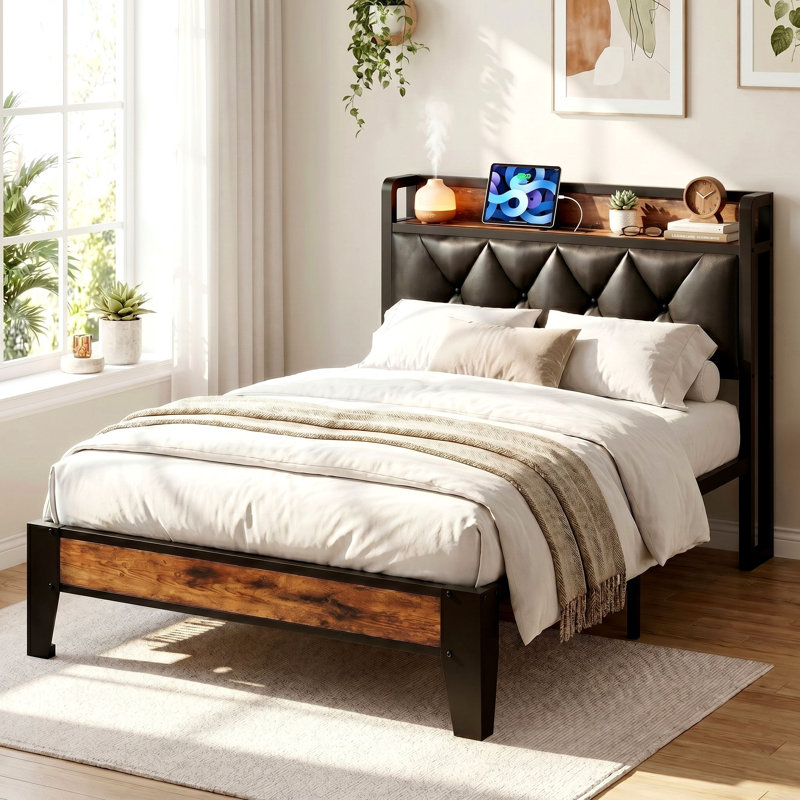 Rustic Twin Bed Frame with Storage Headboard & Built-in Outlets, No Box Spring Needed, Easy Assembly, Twin