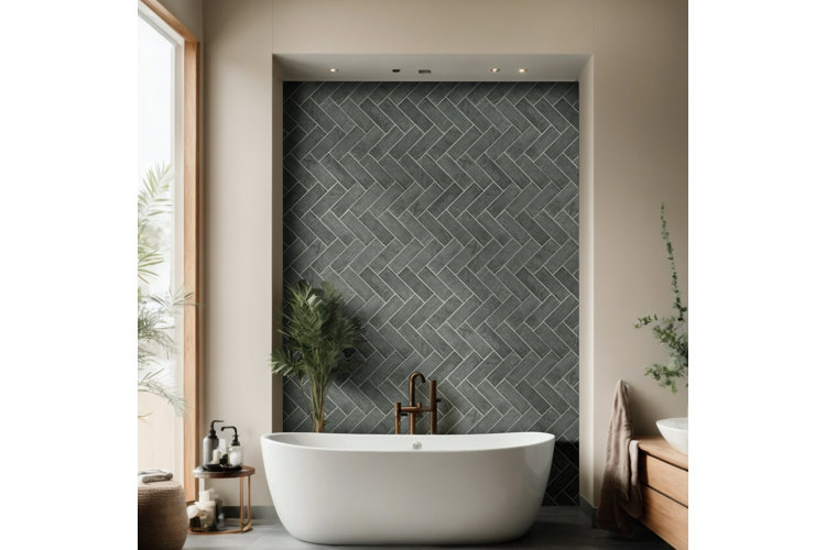 modern bathroom with white freestanding tub with a freestanding faucet against a slate wall