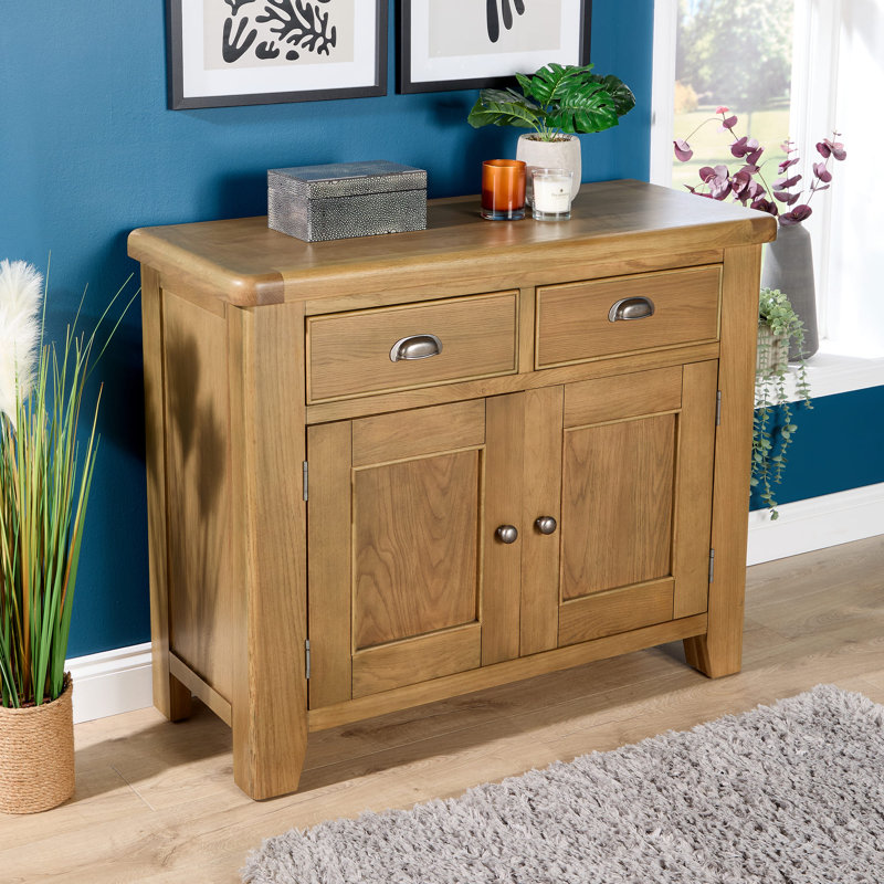 Gwenaelle Fully Assembled Solid Wood with Oak Veneer 2 Drawer Compact Cupboard Sideboard Storage Unit