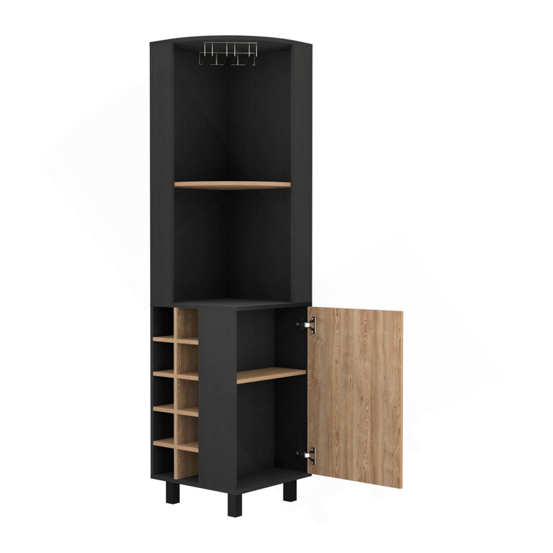 Armoire d'angle avec porte simple, deux tablettes, dix porte-bouteilles encastrés, deux tablettes intérieures, noir / pin