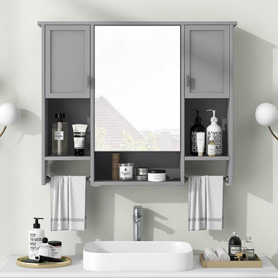 Armoire de rangement murale moderne 35 po x 28 po, armoire de salle de bain murale avec miroir, armoire à pharmacie avec barre à serviettes