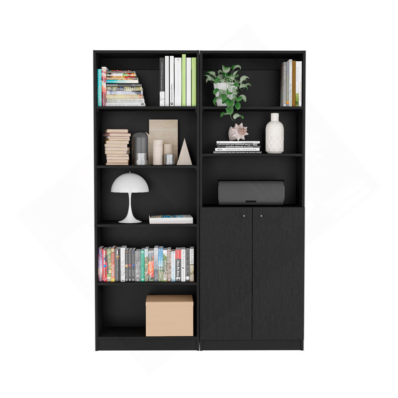 2 Piece Home Bookcase Set, 49" Wide With 8 Shelves And Double Door Cabinet, Living Room Set Black, Black