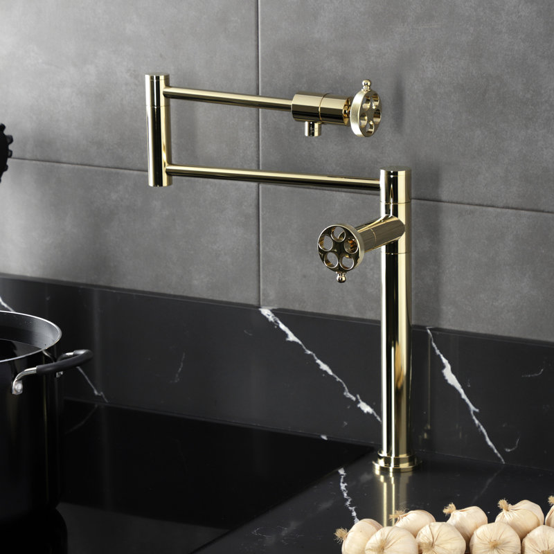 Kingston Brass Wendell Two-Handle 1-Hole Deck Mount Pot Filler Faucet with Knurled Handle, Polished Brass