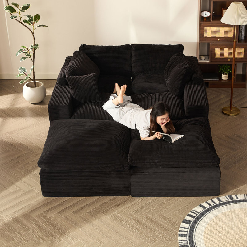 3-Seater L-Shaped Modular Sectional Sofa Bed with Ottoman, Black, BLack, 268cm-3L
