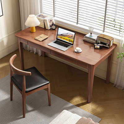 Bureau d'écriture rectangulaire en bois massif de couleur châtaignier avec tiroirs