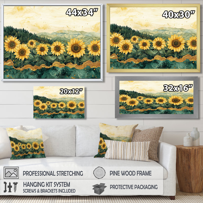 Doray, tournesols, paysage sur un sommet de la rivière Emerald - tournesols, art mural, H 12 po x l 20 po, Crème, crème