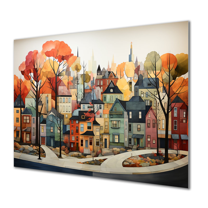 Autumn Vintage Orange Village - City New York Metal Wall Art MT137062, 24" H x 32" W x 1" D