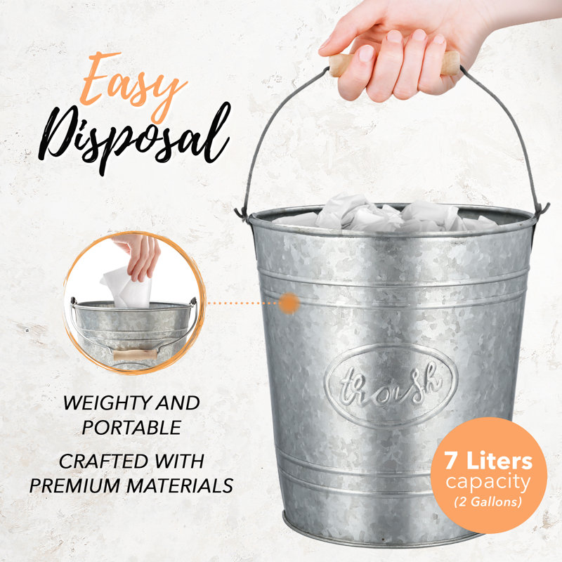 Rustic Galvanized Gray Trash Can with Wooden Handle