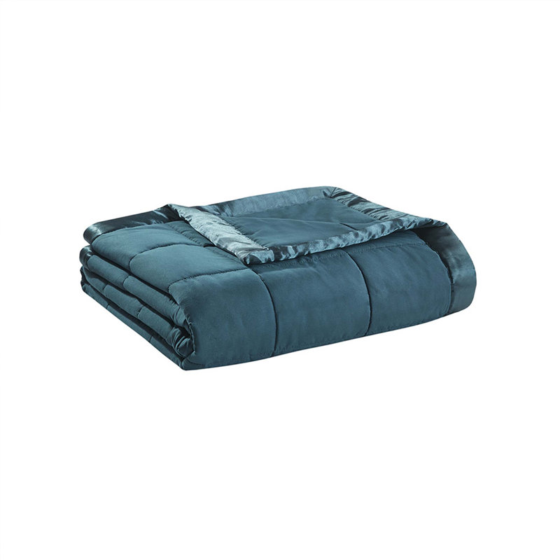 Couverture légère en duvet synthétique avec bordure en satin bleu sarcelle, Sarcelle, L 108 po x l 90 po