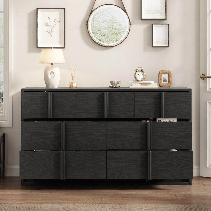 Meuble télé 54 po avec 7 tiroirs, console en bois pour téléviseur de 65 po ou moins, meuble audio-vidéo moderne avec poignées élégantes