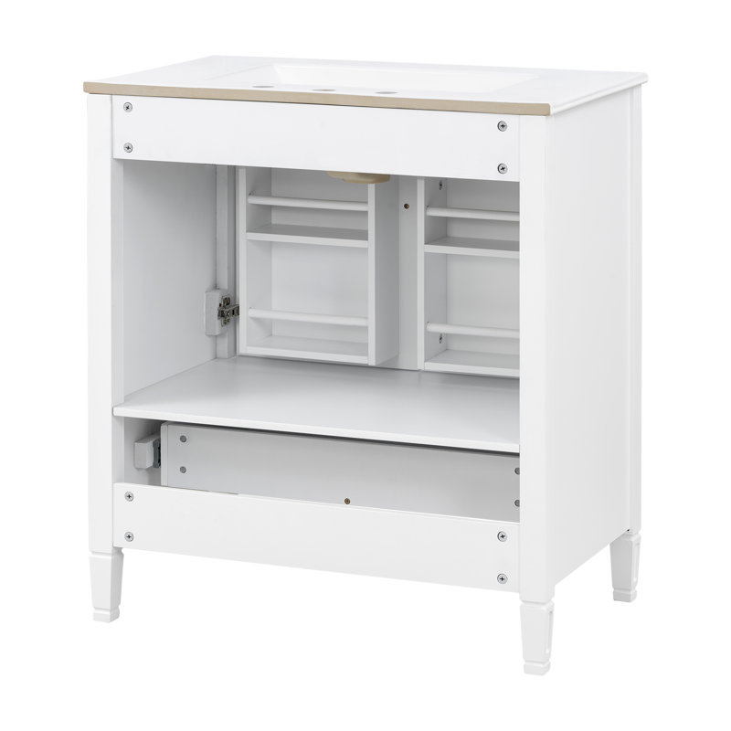 30" Single Bathroom Vanity with Ceramic Sink Top, Soft-Close Double Doors & Bottom Drawer, Adjustable Interior Shelf, Door-mounted Organizers