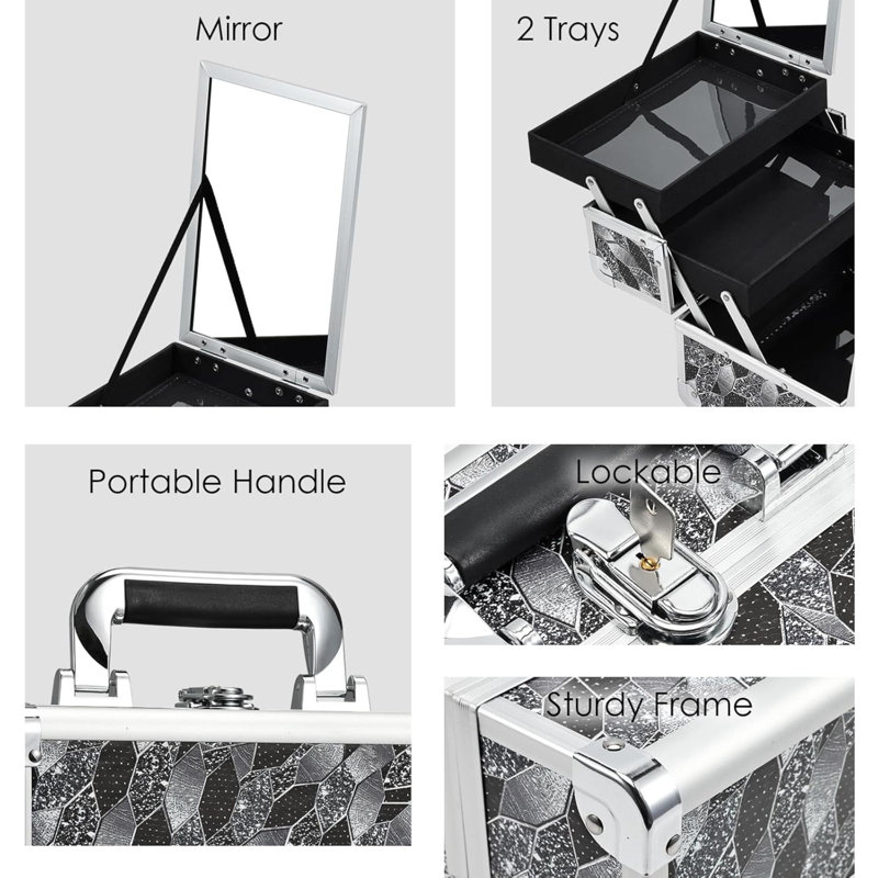 Boîte à maquillage Boîte de maquillage portable 2 plateaux Boîte de maquillage avec miroir verrouillable pour maquilleuse