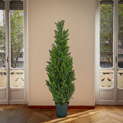 50-inch Artificial Cedar Tree, Realistic Fake Tree Potted Plant, Dark Green Round Growers Pot