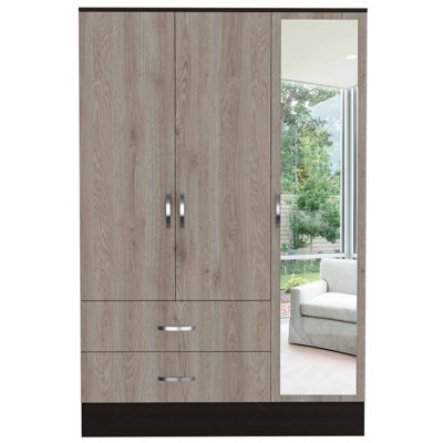 TDCHR Light Oak and Black Three Door Wardrobe Closet with Mirror -  Hokku Designs, 09AAB6EA7BC545C99663FF4EA957EA25