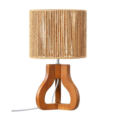 Small Table Lamp, Rose Wood Tripod Nightstand Lamp, Handwoven Paper Rope Shade,Rattan Bedside Lamp, On-Off Line Switch,Bulb Not Included(Dark Walnut)