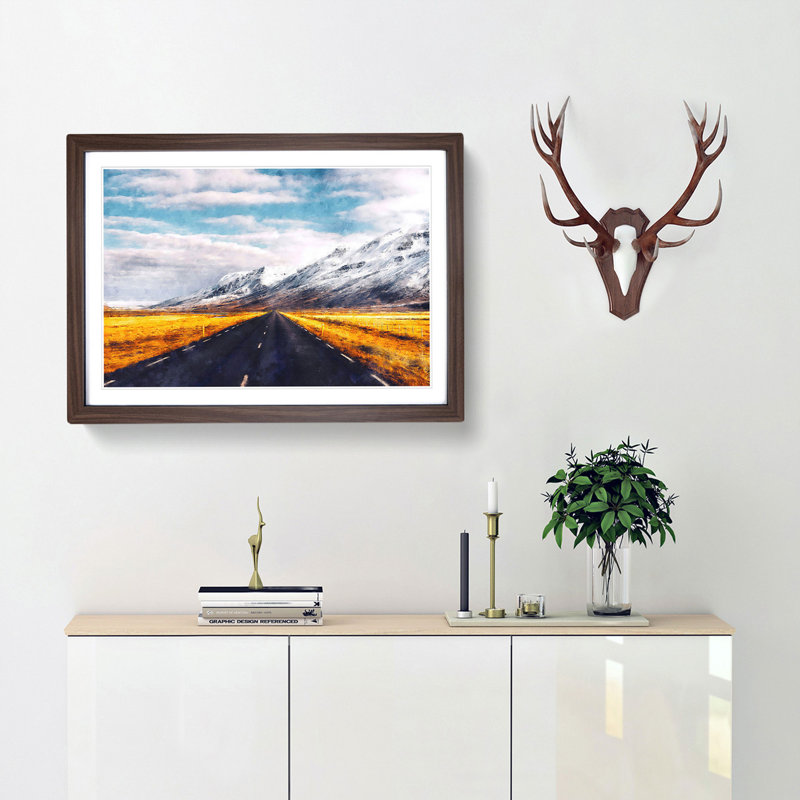 Road to the Mountains in Iceland - Framed Print, 62cm H x 87cm W x 2cm D, Walnut Framed