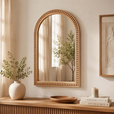 Hand‑Carved Beaded Arched Wall‑Mount Mirror, Natural Finish Solid Wood Vanity Mirror for Bathroom, Entryway, Living Room, Fireplace, Farmhouse Decor
