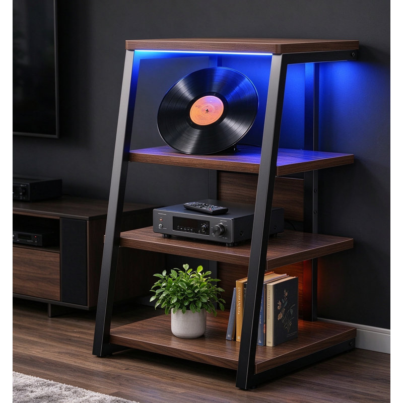 4-Tier Media Stand with LED & Outlets, Dark Walnut