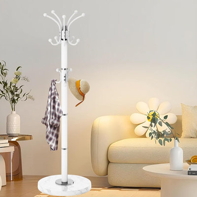 Modern White Freestanding Metal Coat Rack, 360° Rotatable with Natural Marble Base & 16 Hooks, Hall Tree Stand for Entryway