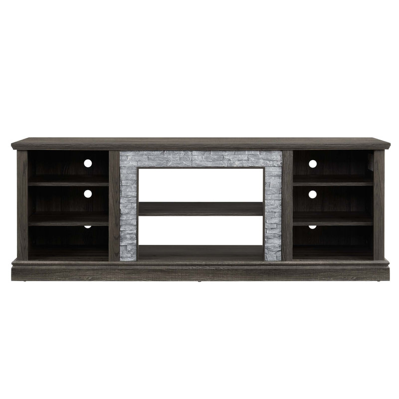 Grand meuble télé avec bordure en faux pierre, console média avec rangement et gestion des câbles, centre de divertissement moderne