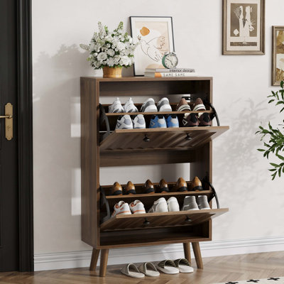 Medieval-Style Modern Shoe Cabinet, Upright Shoe Storage Unit with Vertical Grooved Finish, Walnut-Colored Shoe Cabinet, Suitable for Hallways, Passageways and Entrances