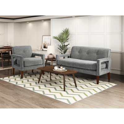 Ensemble de salon moderne 2 pièces : chenille grise, ressorts ensachés, pieds en bois massif et coussins d’assise réversibles, pouvant accueillir jusqu’à 3 personnes. Revêtement en chenille, housses amovibles.