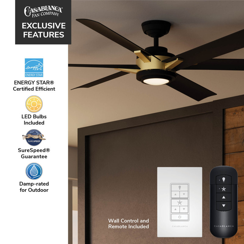 Casablanca 65 inch Melia ENERGY STAR®  Damp Rated Ceiling Fan with Lights and Wall Control, Black/Gold