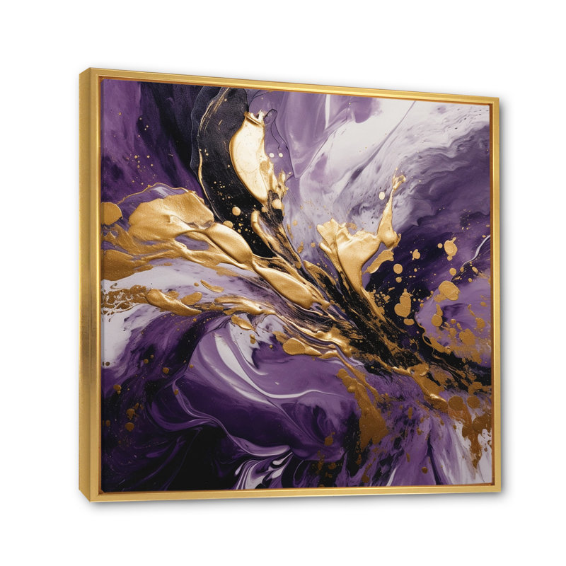 Mauve et or liquide Magic II - art mural abstrait, Doré, H 24 po x l 24 po, Reproduction avec cadre flottant