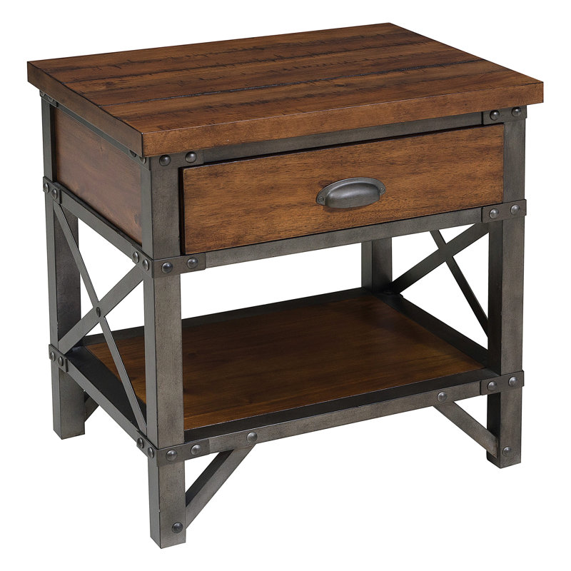 Haverhill Modern Rustic Brown Nightstand With 1 Drawer and Shelf Metal Frame Night Side Table