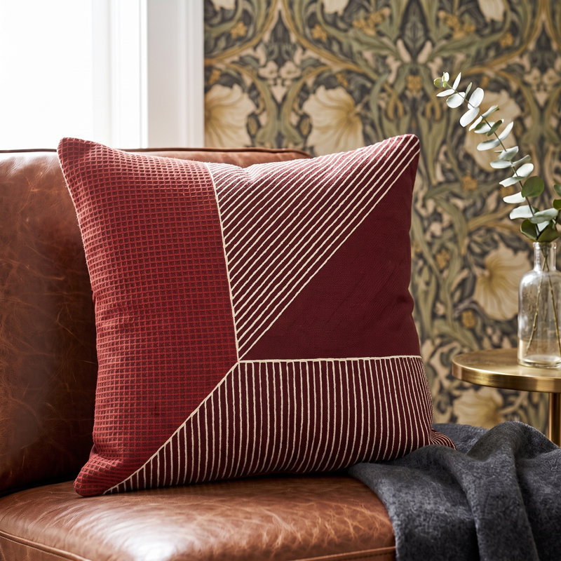 Embroidered Abstract Textured Cotton Throw Pillow Cover, 24" x 24", Red/White, Polyester/Polyfill