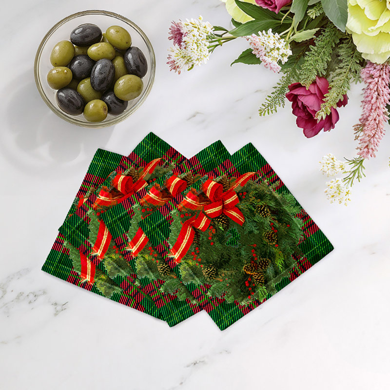 Christmas Wreath Cotton Sateen Cocktail Napkins, Tartan Green