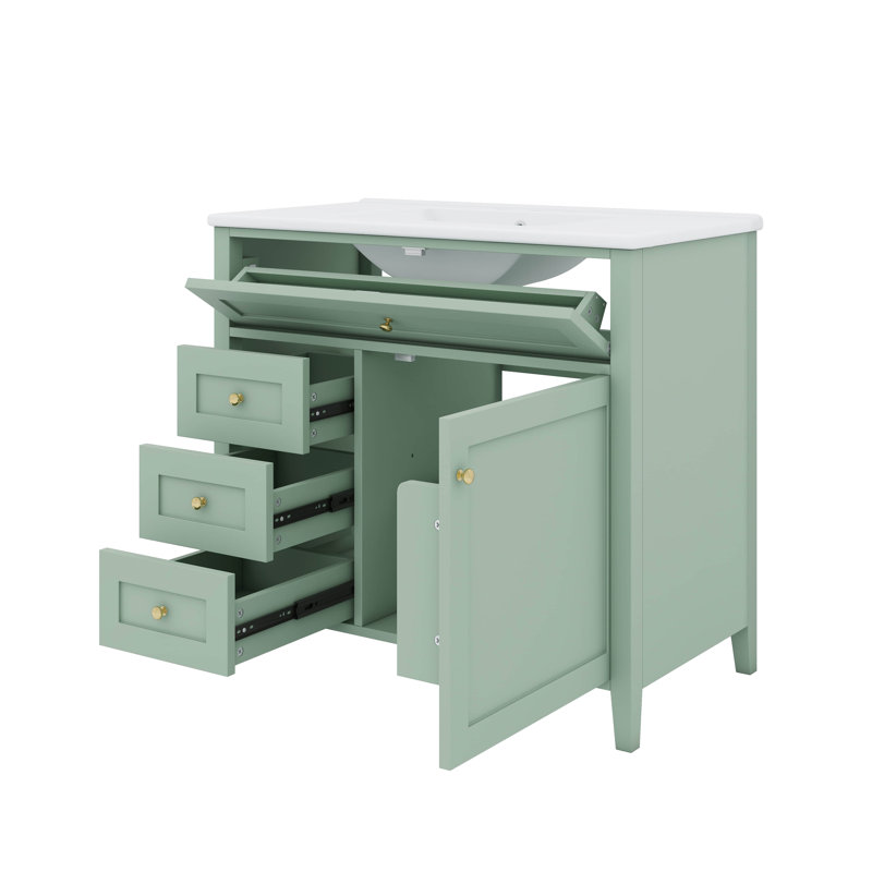 Meuble-lavabo autoportant de 36 pouces avec lavabo, armoire, 3 tiroirs et tablette réglable, Vert
