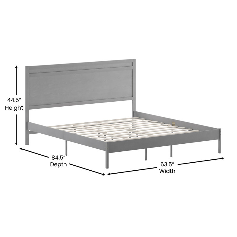 Eymen Modern Solid Wood Platform Bed with Headboard and Wooden Slats, Gray, King