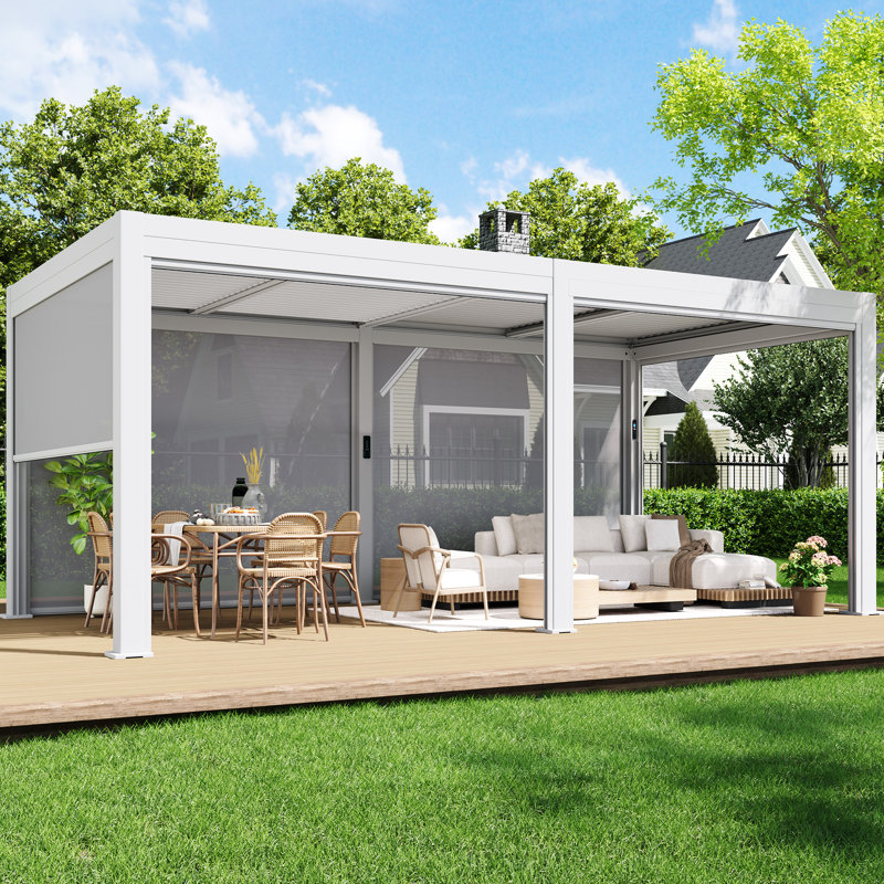 Pergola d'extérieur 10 pi x 20 pi avec lumières DEL, pavillon de jardin en aluminium avec persiennes motorisées et écrans latéraux pour le patio, la cour et la piscine, blanc