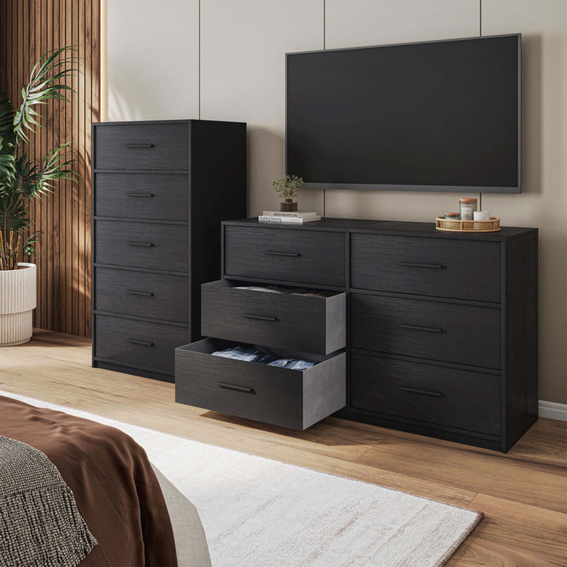 Commode 6 tiroirs avec grands tiroirs en tissu, Noir